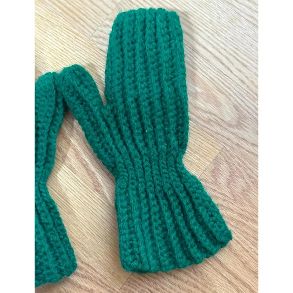 Vintage Green Mittens, Dark Green Knit Crochet Mitts, 60s 70s, Grandma Style